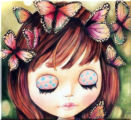 Girl with closed eyes and butterflies