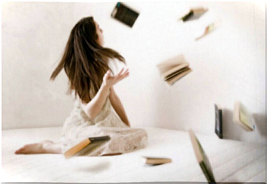 Girl with books flying due to telekinesis