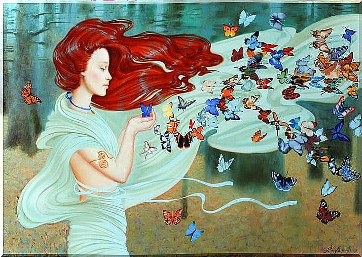 Woman with many butterflies