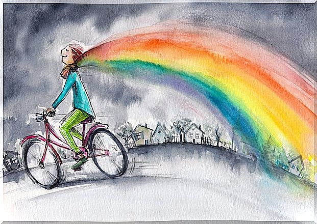 girl on bike with rainbow symbolizing psychological space