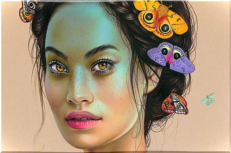 woman with butterflies in hair